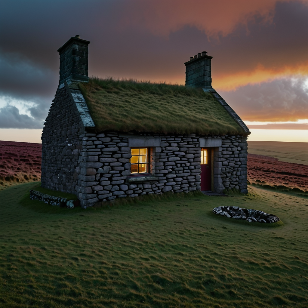 a house on the moor, hevy raing day stone wall, and grass ro...