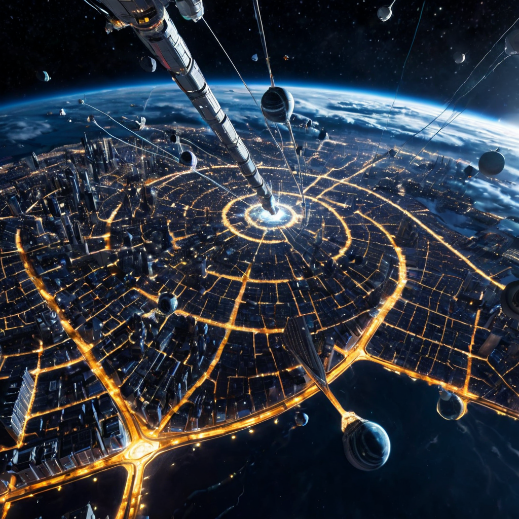 A futuristic megacity seen from orbit, city lights forming t...