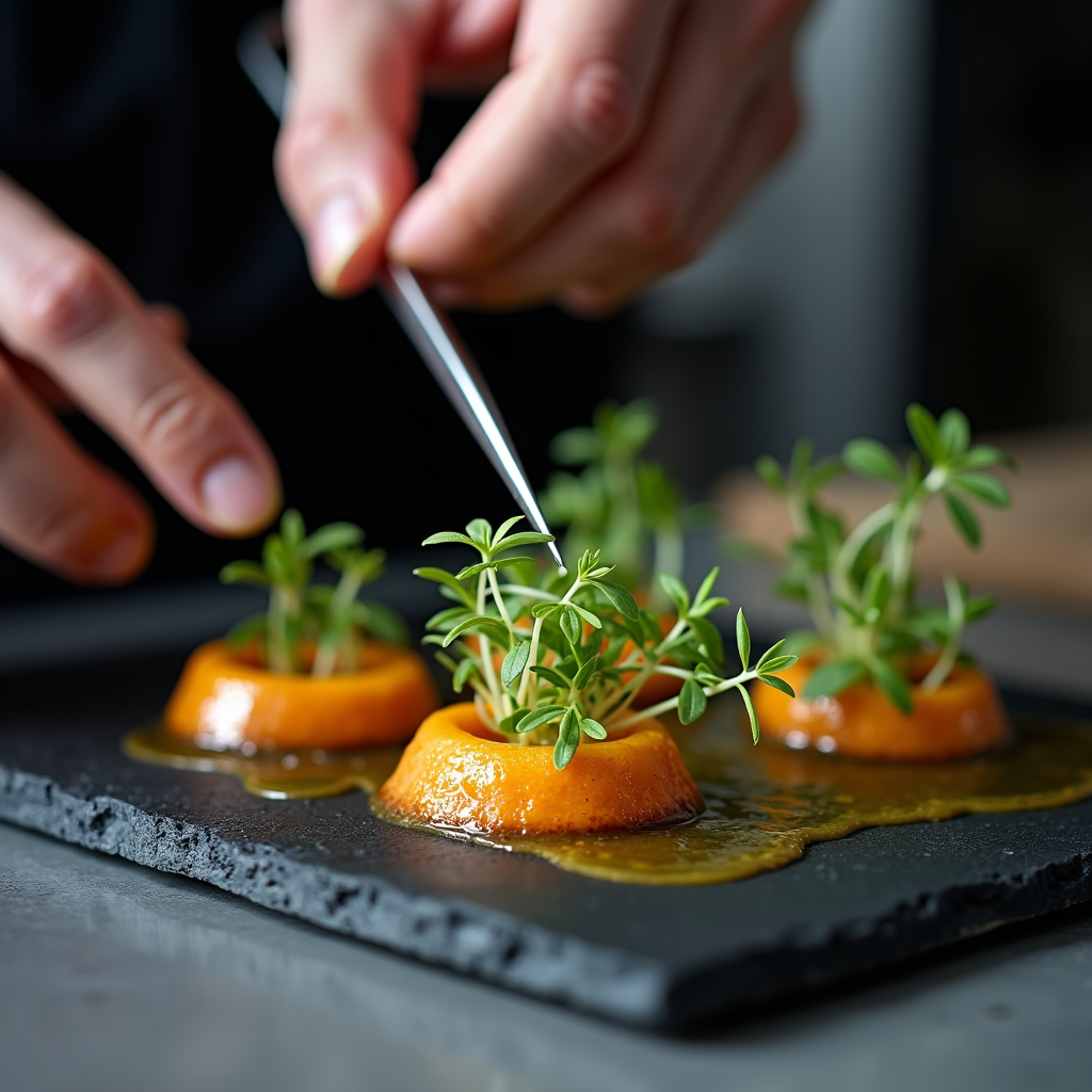 A master chef plating a Michelin-star dish, close-up of tweezers placing microgreens on edible gold leaf, colorful sauce art on black slate, extreme food photography detail