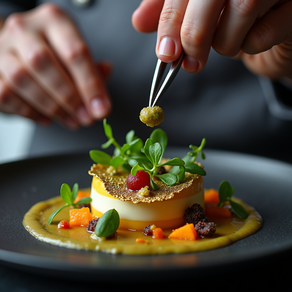 A master chef plating a Michelin-star dish, close-up of tweezers placing microgreens on edible gold leaf, colorful sauce art on black slate, extreme food photography detail