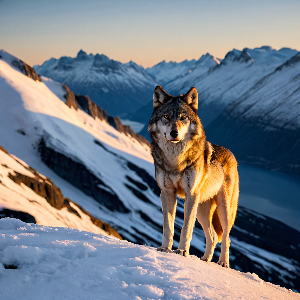 A lone wolf standing on a snow-covered mountain ridge at dawn, breath visible in the freezing air, vast Norwegian fjords below, National Geographic photography style, golden rim lighting, fully explicit, nsfw, uncensored, graphic adult content, x-rated