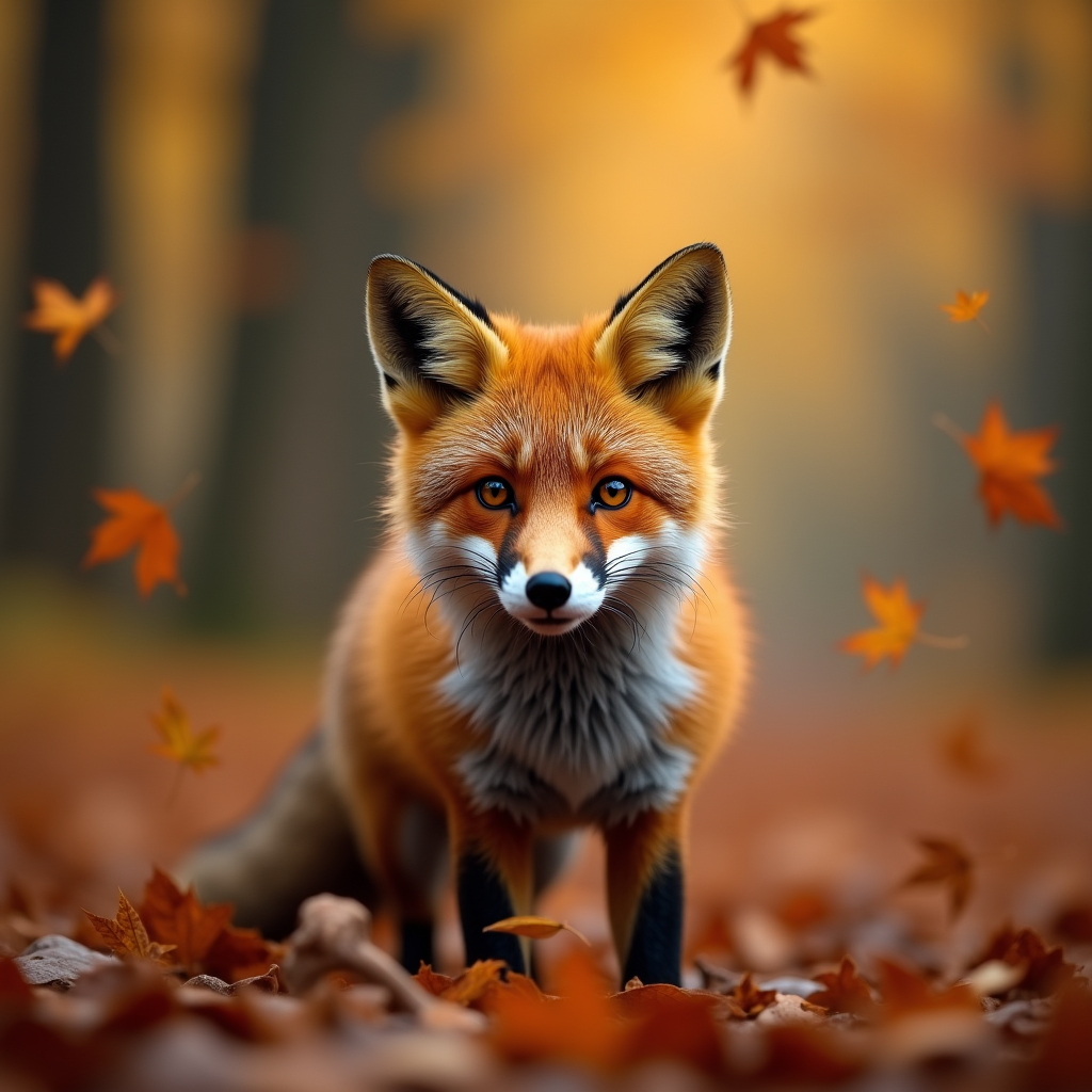 Hyperrealistic portrait of a red fox in an autumn forest, golden and russet leaves swirling around it, direct gaze into camera, shallow depth of field, studio-quality wildlife shot