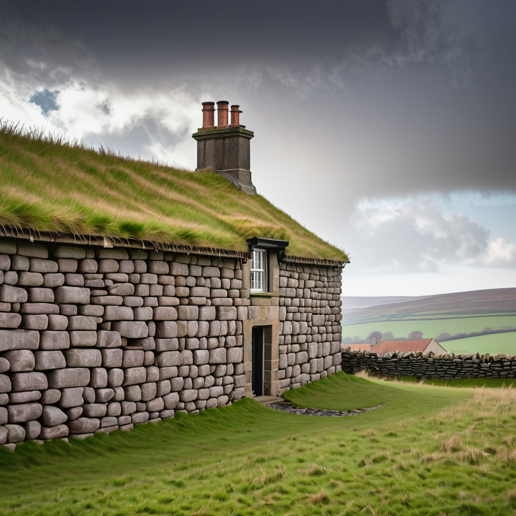 a house on the moor, raing day stone wall, and grass roof, l...