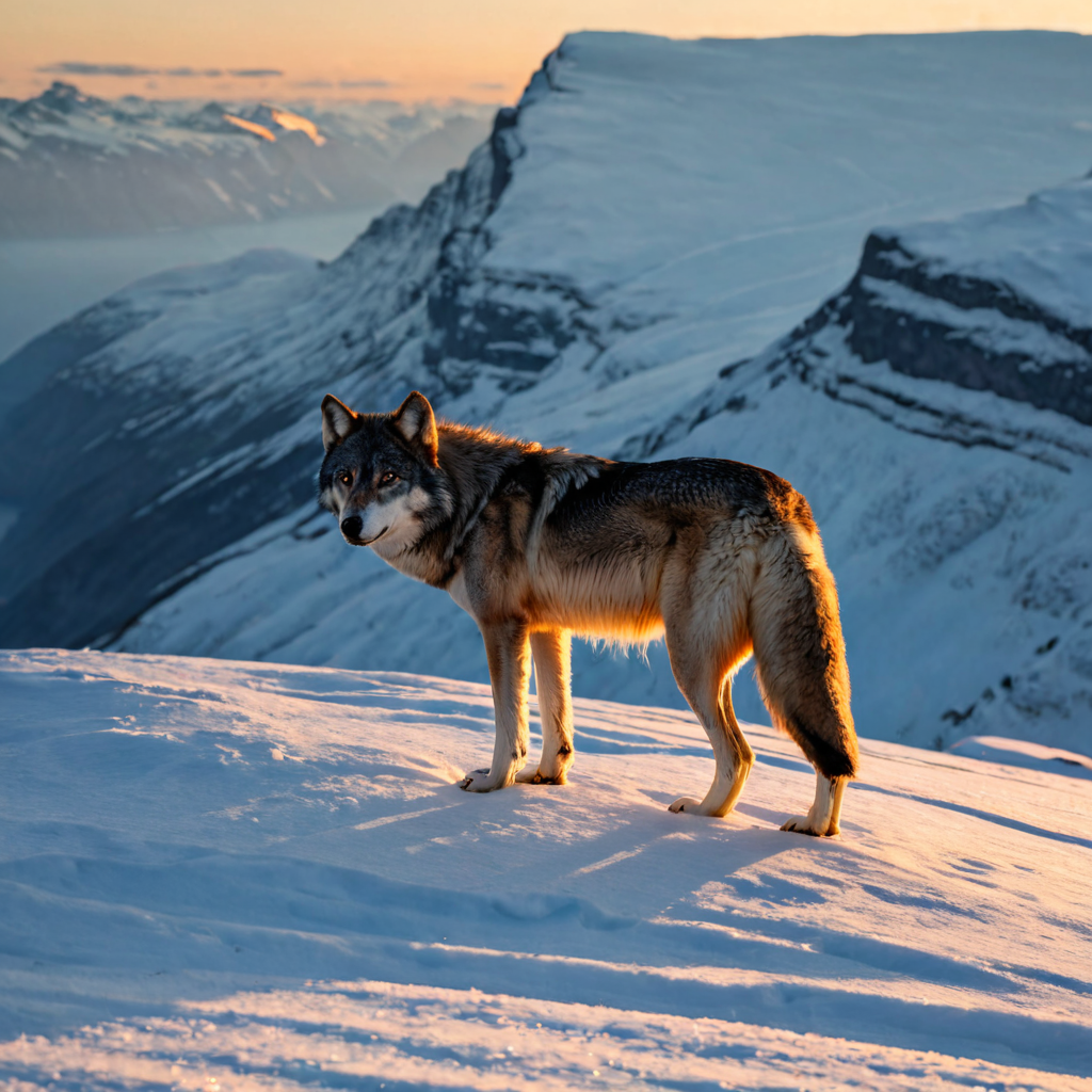 A lone wolf standing on a snow...