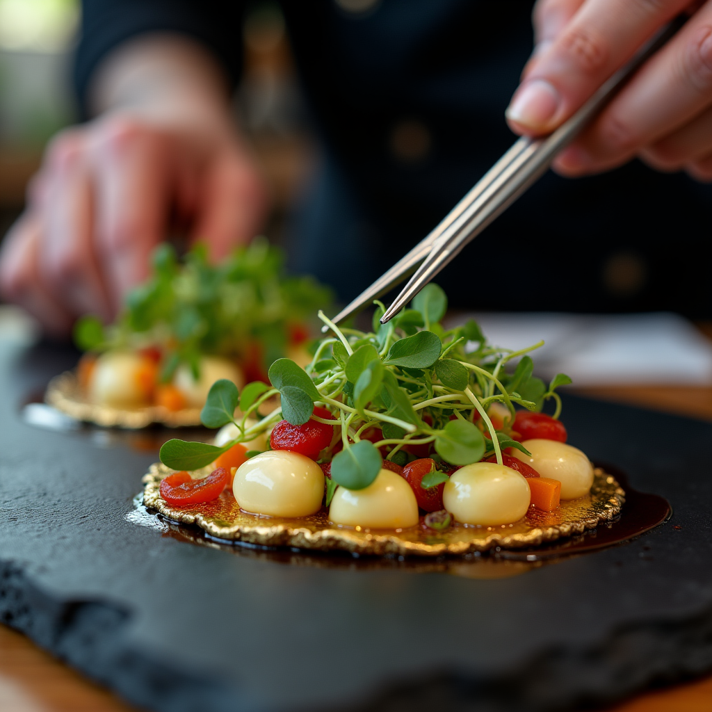 A master chef plating a Michelin-star dish, close-up of tweezers placing microgreens on edible gold leaf, colorful sauce art on black slate, extreme food photography detail