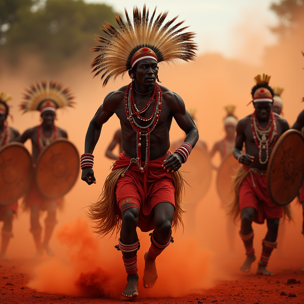 A Zulu warrior in ceremonial attire performing a traditional dance, ostrich feather headdress in motion, dust rising, red ochre pigment, traditional shields catching firelight, documentary art
