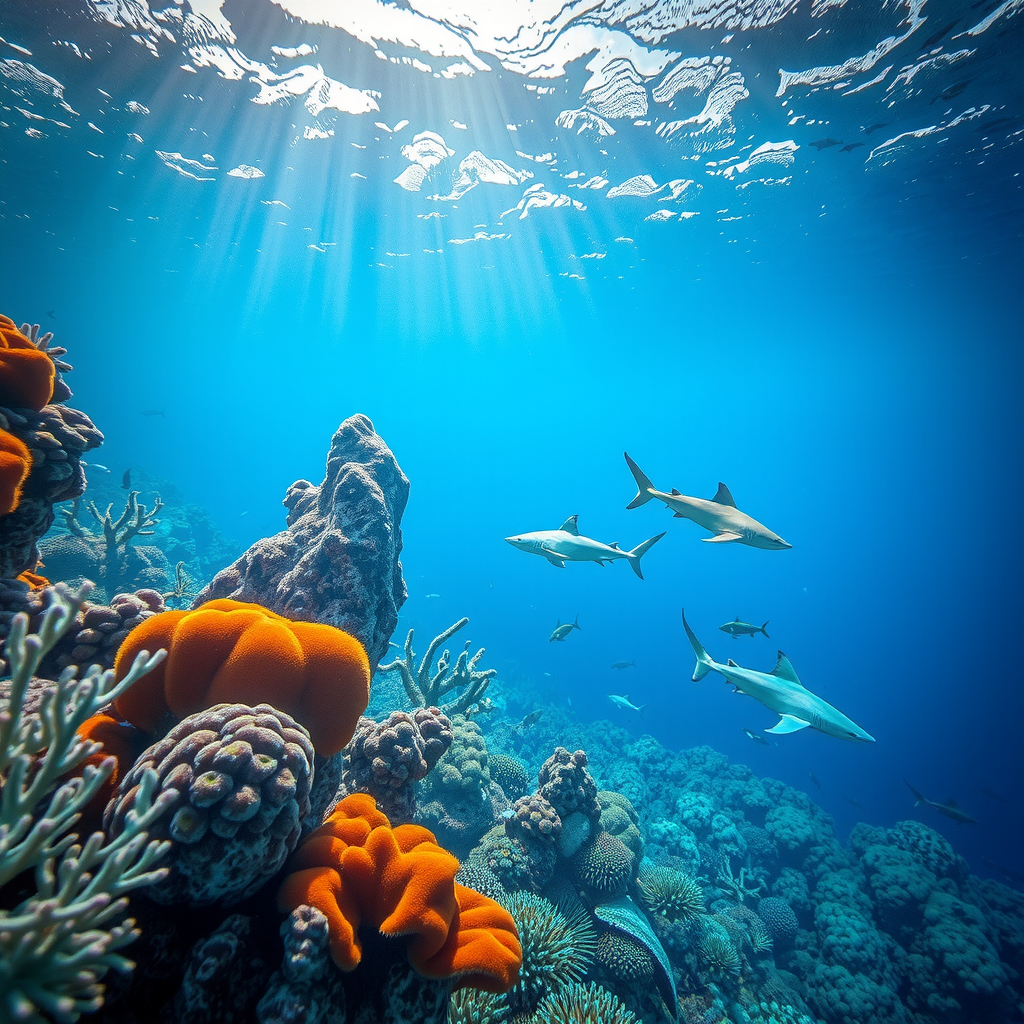 A massive coral reef system from above and below simultaneously, sharks patrolling the surface layer, endless colorful coral in the depths, split-level ocean photography, impossible perspective, epic fantasy, magical atmosphere, dramatic, artstation, greg rutkowski