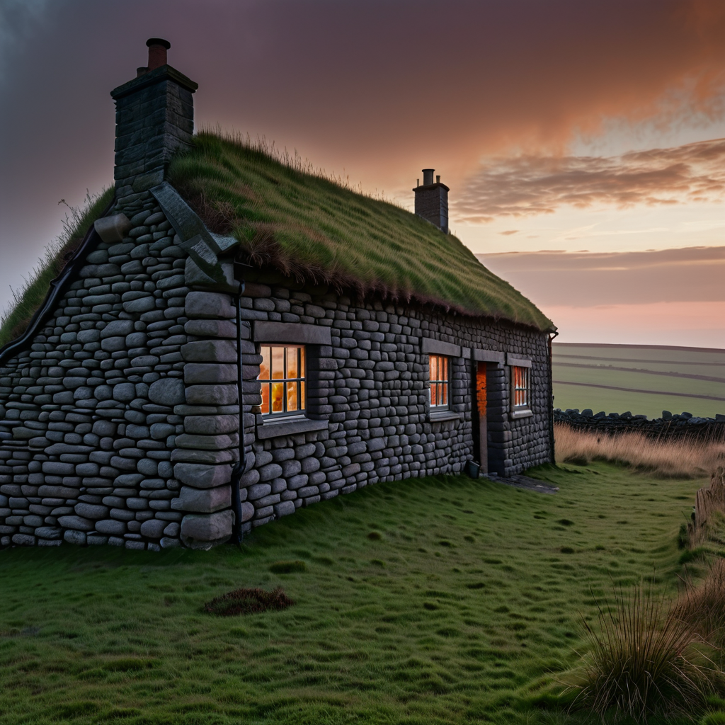 a house on the moor, raing day stone wall, and grass roof, l...