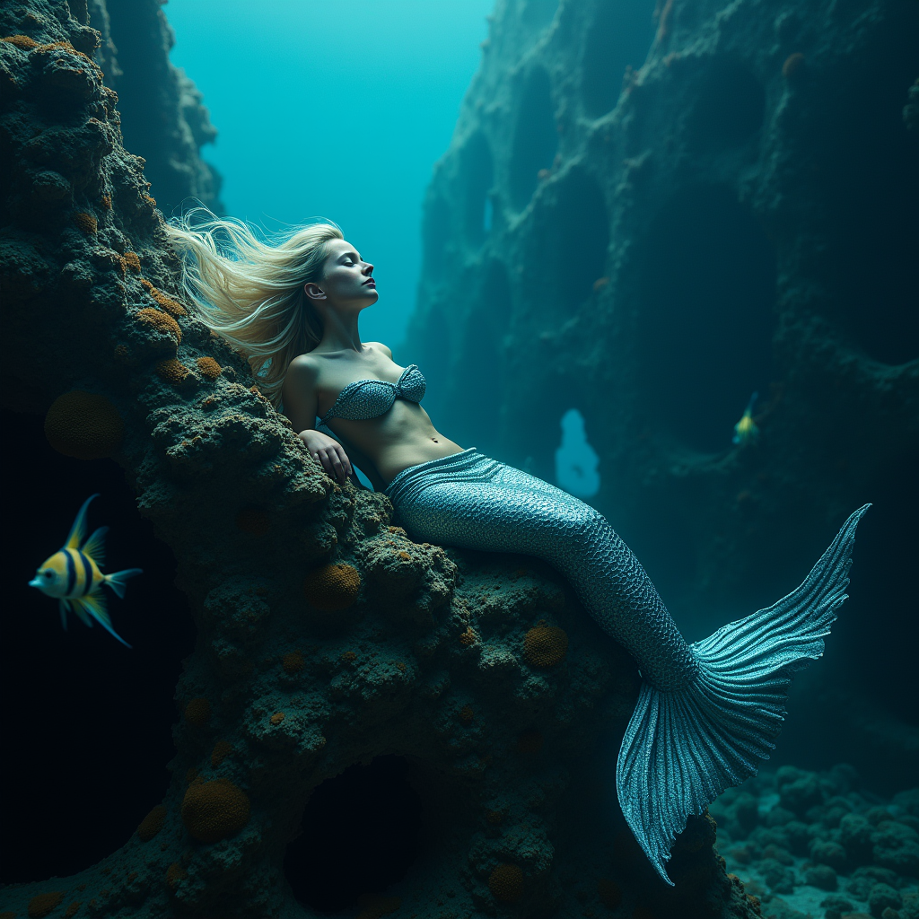 A mermaid resting on a shipwreck at depth, hair floating in...