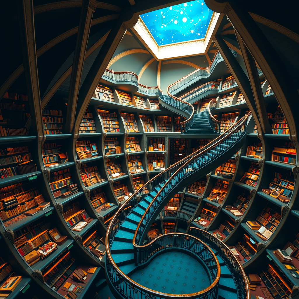 A grand celestial library with infinite spiral staircases, books floating between floors, scholars made of starlight studying constellations, divine golden light from above, baroque architecture