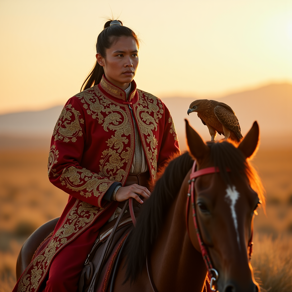 Portrait of a Mongolian eagle hunter on horseback at sunrise, traditional embroidered coat, golden eagle perched on arm, vast steppe landscape, cinematic wide shot, National Geographic style
