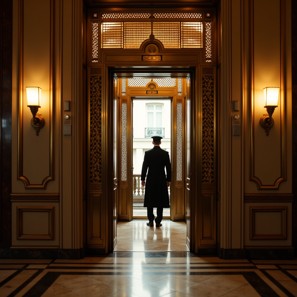 An Art Deco elevator cage in a Parisian grand hotel, ornate brass lattice, a bellhop in livery, marble floors below, warm tungsten glow, 1930s glamour, cinematic composition