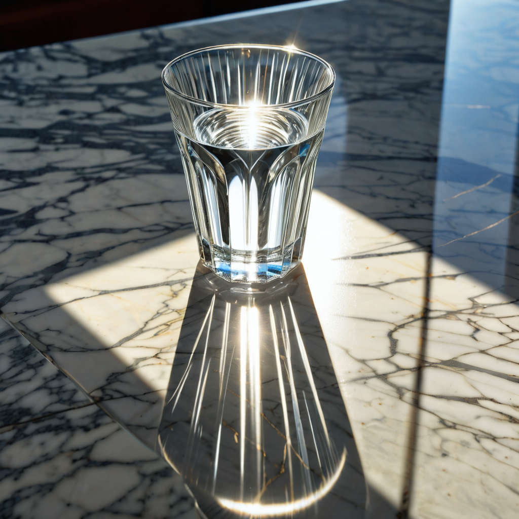 A hyperrealistic painting of a glass of water on a marble ta...