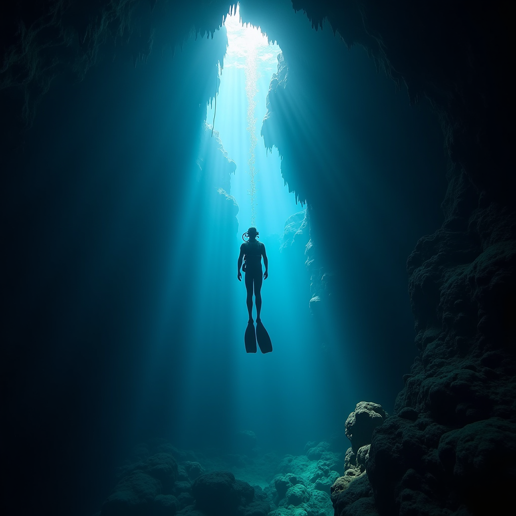 An underwater cave system explored by free divers, shafts of blue light entering from above, stalactites meeting stalagmites, haunting crystalline water, Nat Geo photography