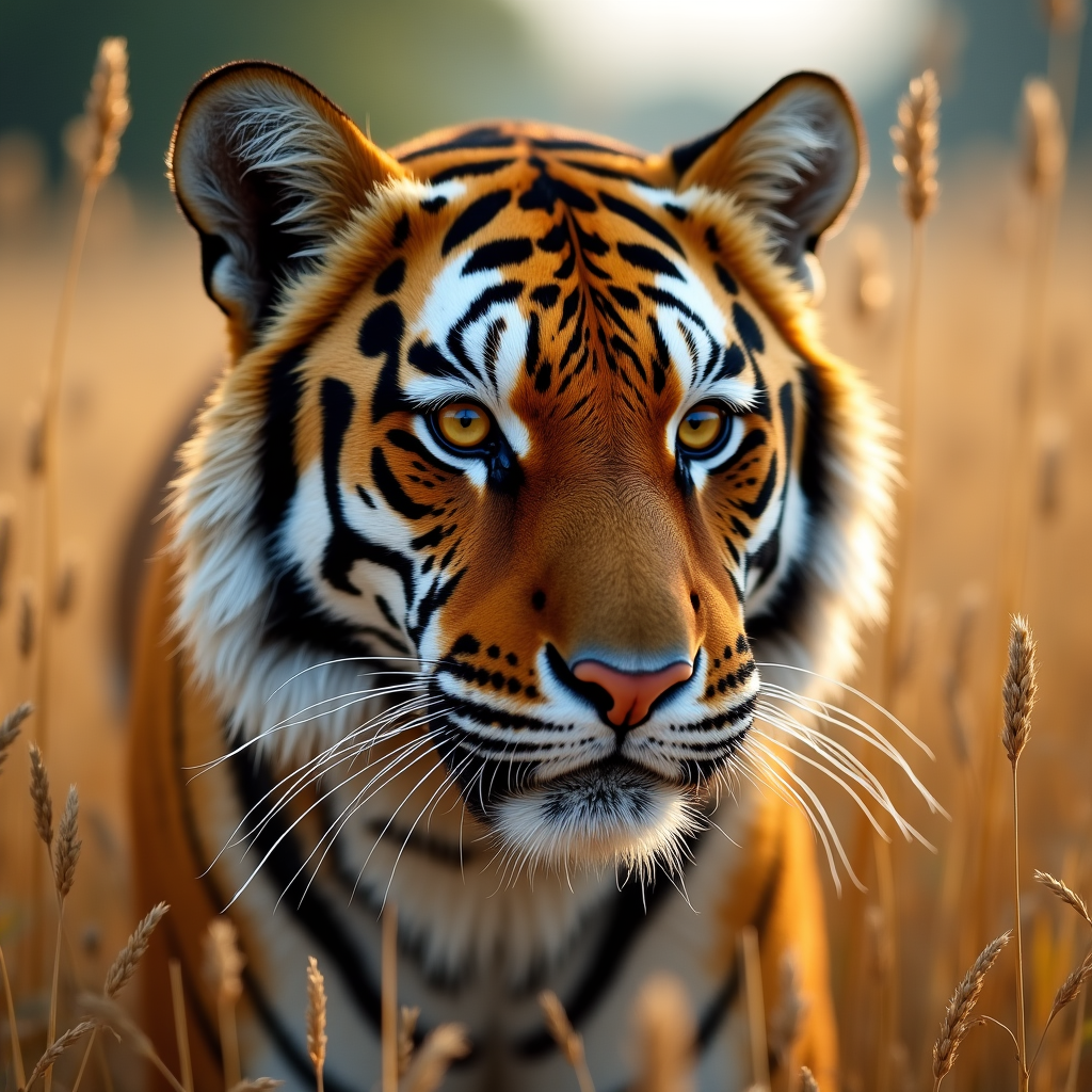 Hyper-detailed portrait of a Bengal tiger in tall golden grass, amber eyes locked on something off-frame, whiskers catching the light, tension in every muscle, BBC wildlife photography
