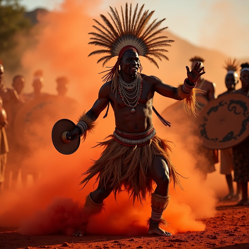 A Zulu warrior in ceremonial attire performing a traditional dance, ostrich feather headdress in motion, dust rising, red ochre pigment, traditional shields catching firelight, documentary art