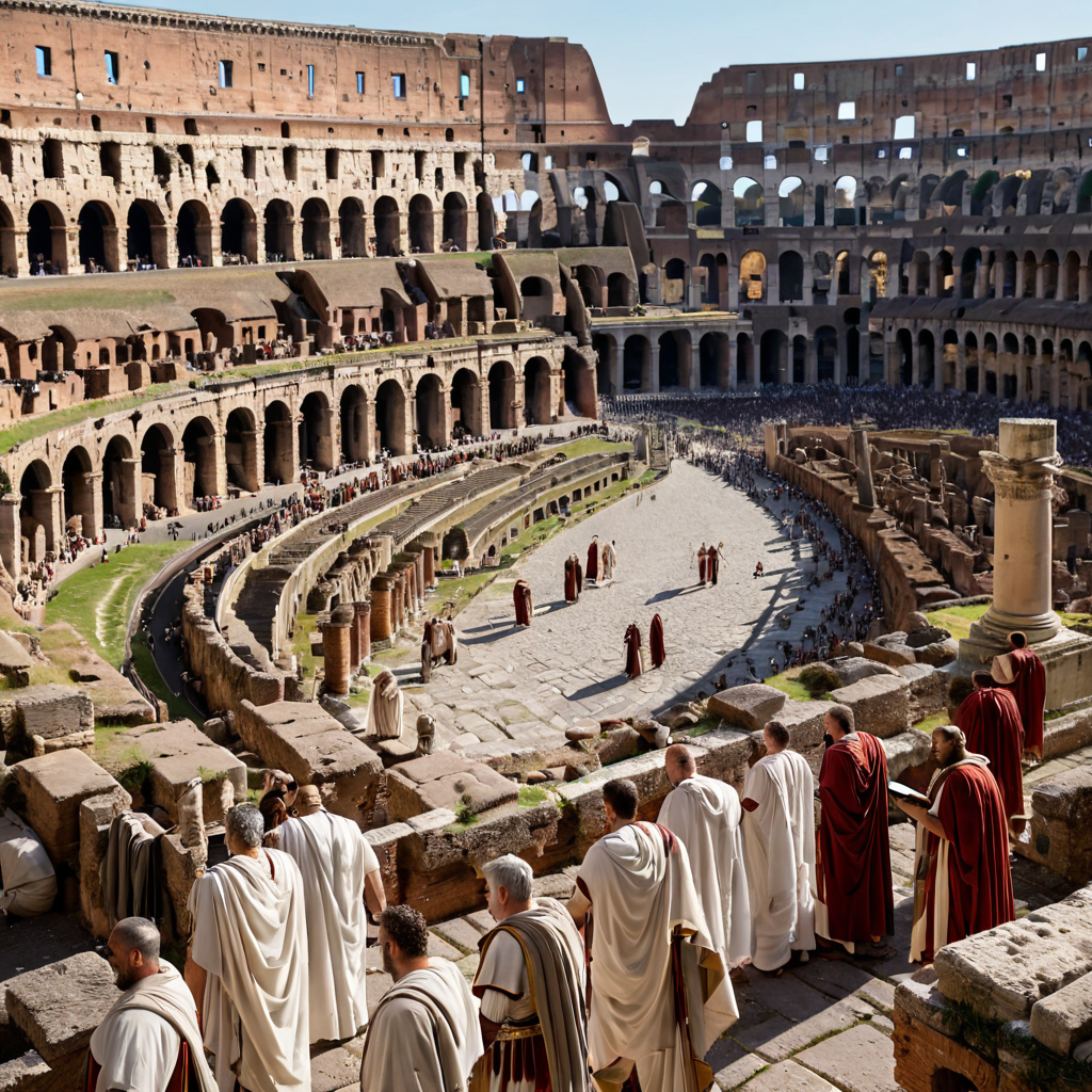 An ancient Roman forum at the height of the empire, bustling...