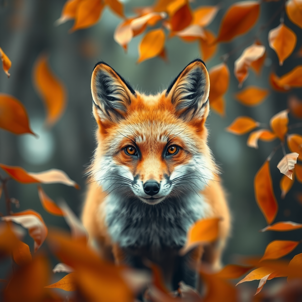 Hyperrealistic portrait of a red fox in an autumn forest, golden and russet leaves swirling around it, direct gaze into camera, shallow depth of field, studio-quality wildlife shot