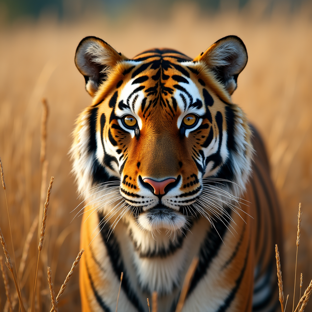 Hyper-detailed portrait of a Bengal tiger in tall golden grass, amber eyes locked on something off-frame, whiskers catching the light, tension in every muscle, BBC wildlife photography