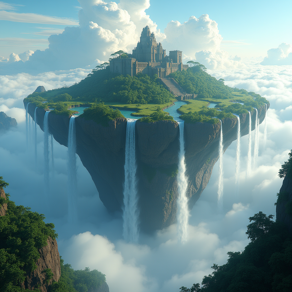 A levitating island paradise above the clouds, waterfalls ca...