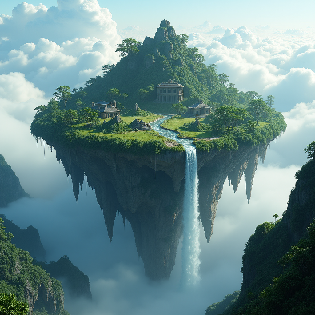 A levitating island paradise above the clouds, waterfalls ca...