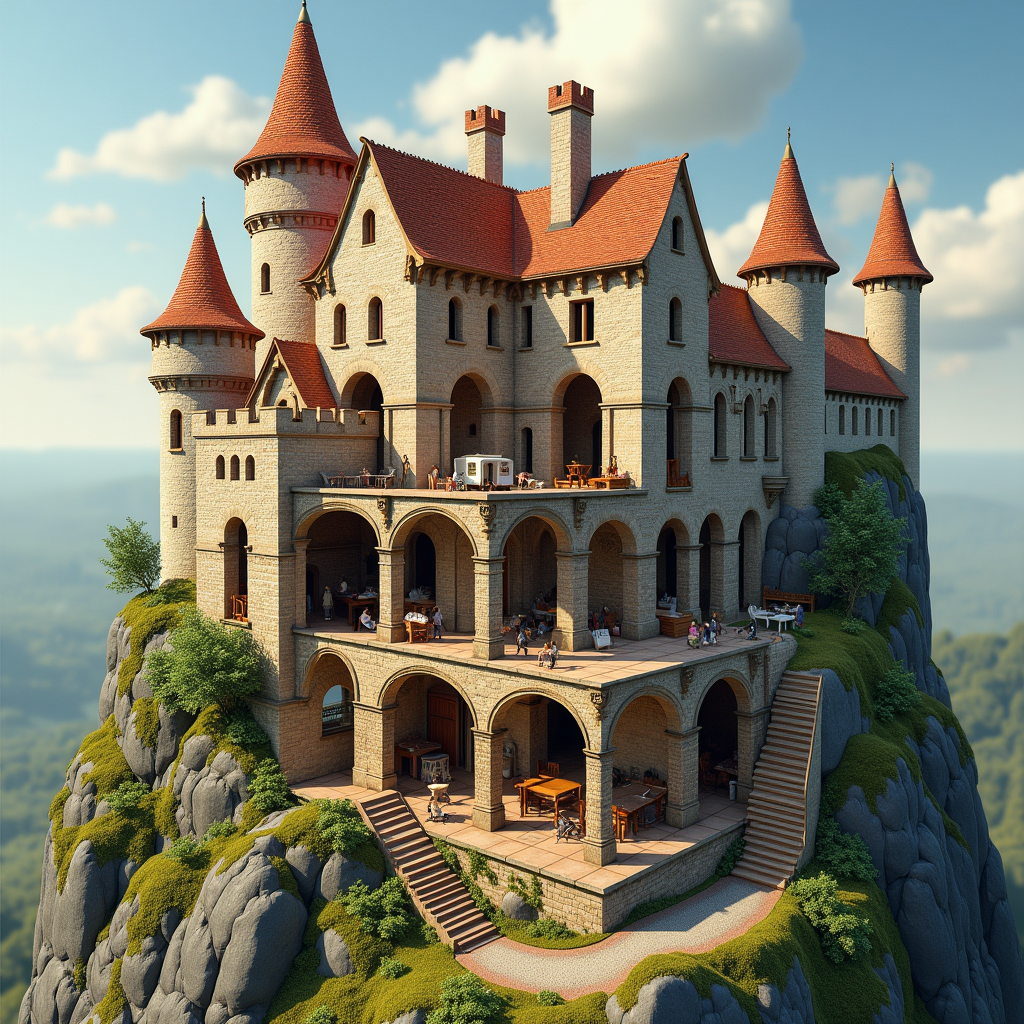A 3D cross-section of a medieval castle fully inhabited, every room with different activity simultaneously visible, like a dollhouse exposed, illuminated manuscript aesthetic meets modern rendering
