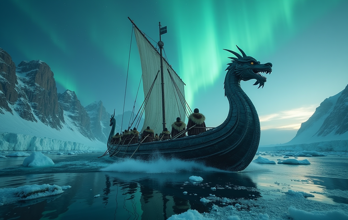 An ancient Viking longship navigating through an ice fjord, aurora borealis overhead, warriors in fur cloaks at the oars, sea spray freezing on carved dragon prow, cinematic