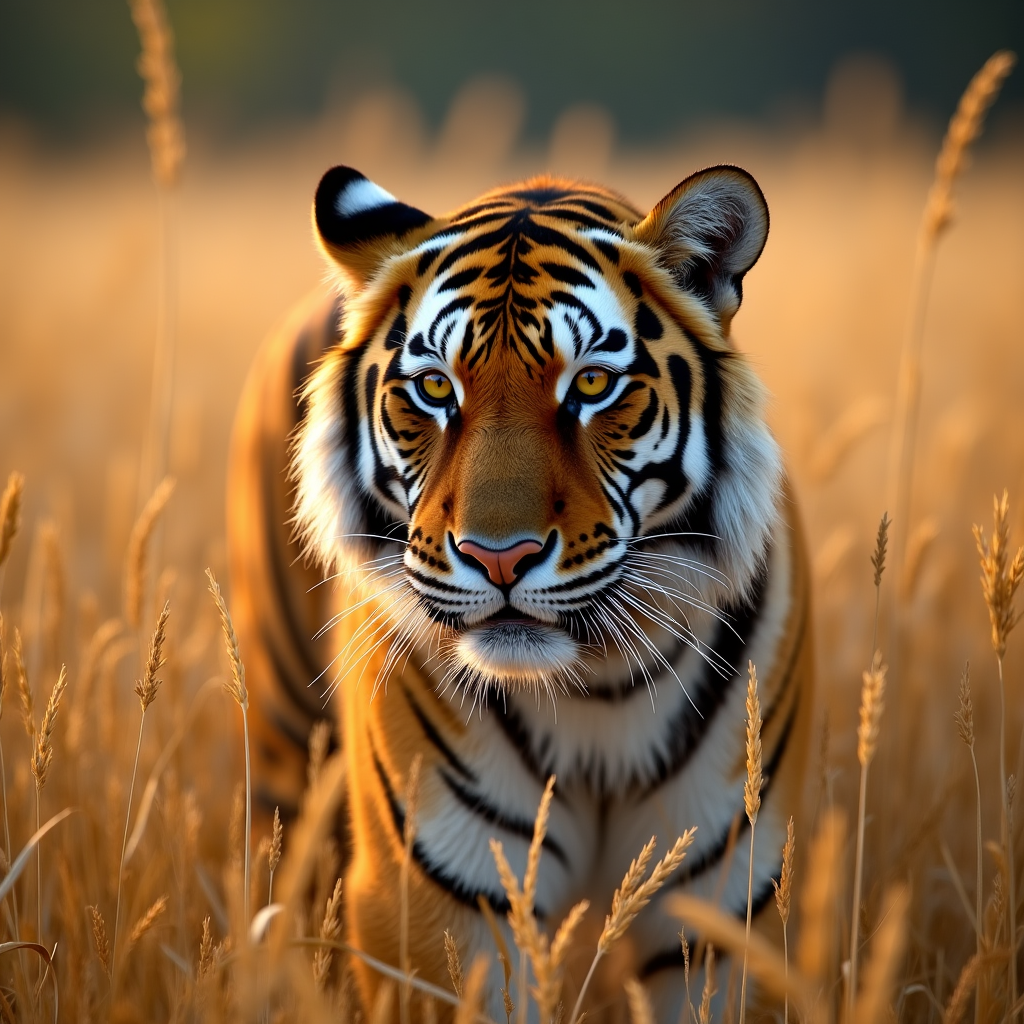 Hyper-detailed portrait of a Bengal tiger in tall golden grass, amber eyes locked on something off-frame, whiskers catching the light, tension in every muscle, BBC wildlife photography