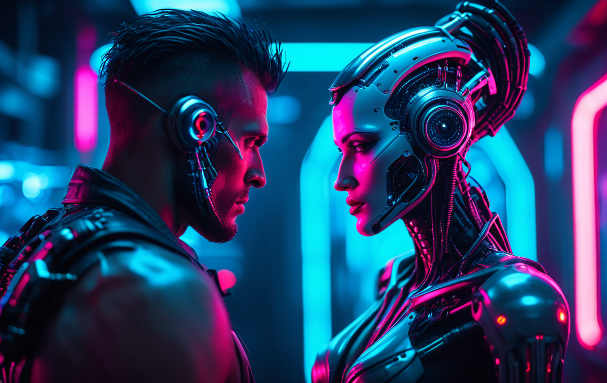 romantic, science fiction, futuristic, cyberpunk, neon lights, biopunk