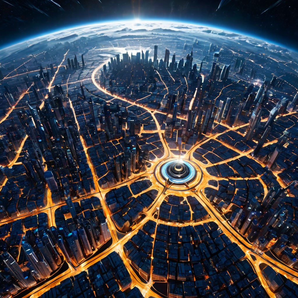 A futuristic megacity seen from orbit, city lights forming t...