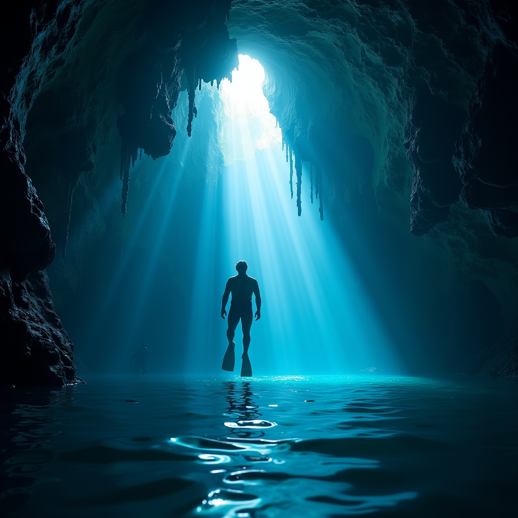An underwater cave system explored by free divers, shafts of blue light entering from above, stalactites meeting stalagmites, haunting crystalline water, Nat Geo photography