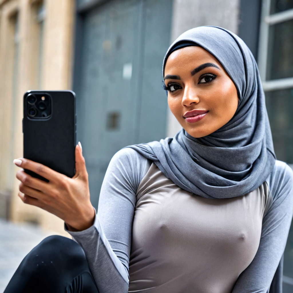 Girl take a selfie with leggings and hijab