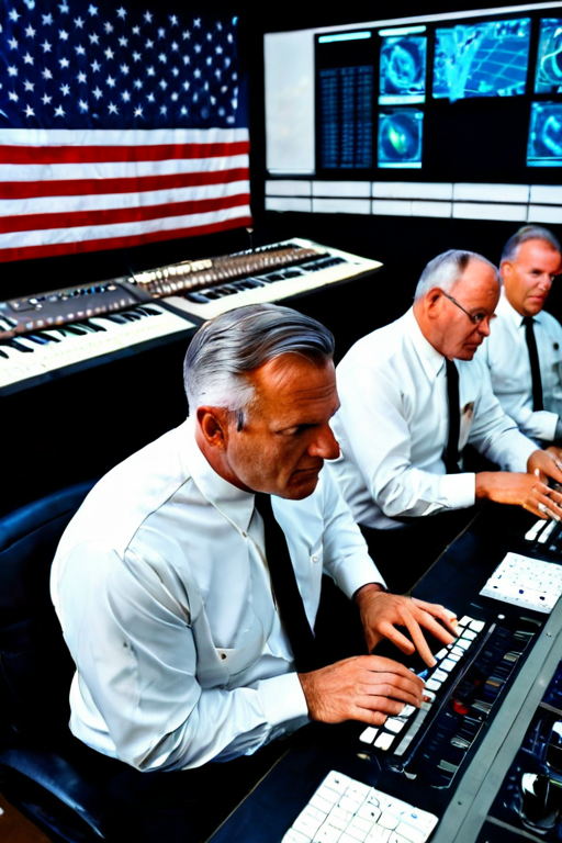 Portrait of a 1960s NASA mission controller at his console,...