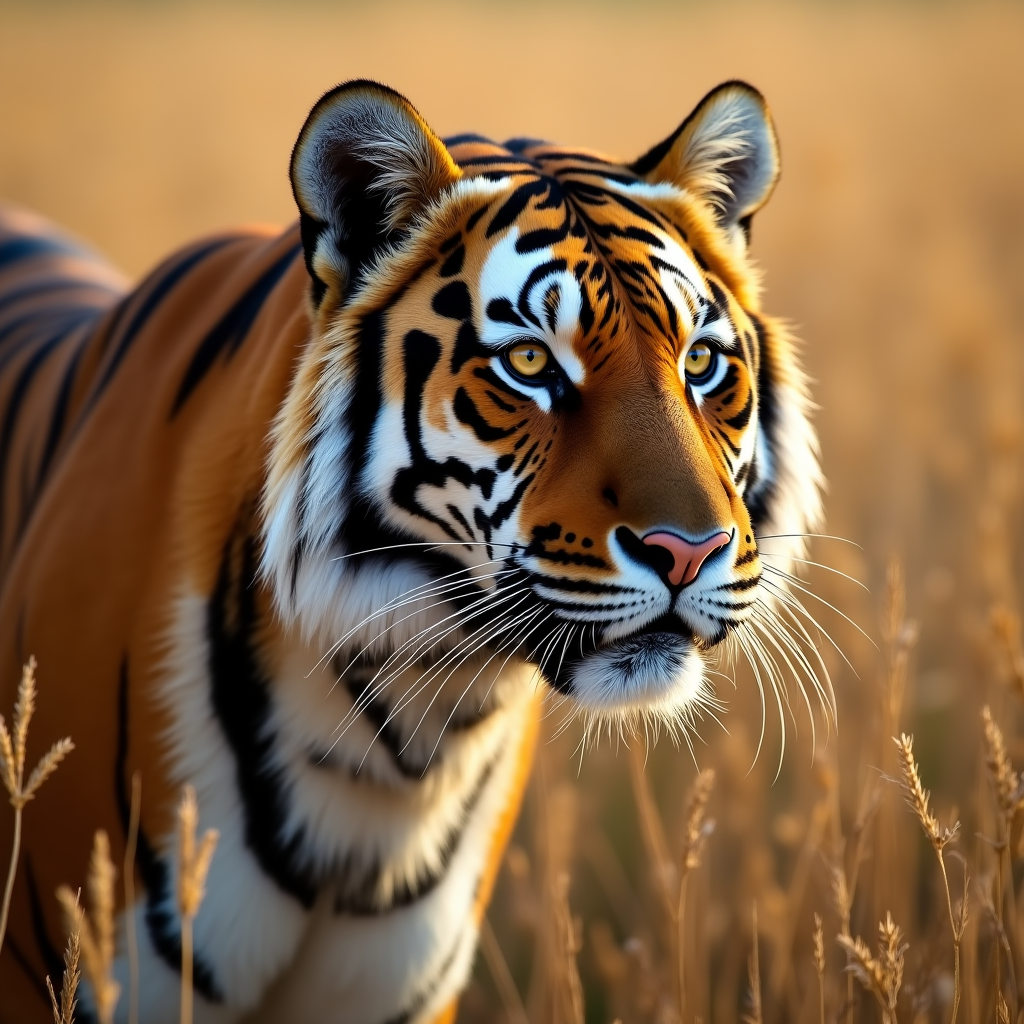 Hyper-detailed portrait of a Bengal tiger in tall golden grass, amber eyes locked on something off-frame, whiskers catching the light, tension in every muscle, BBC wildlife photography