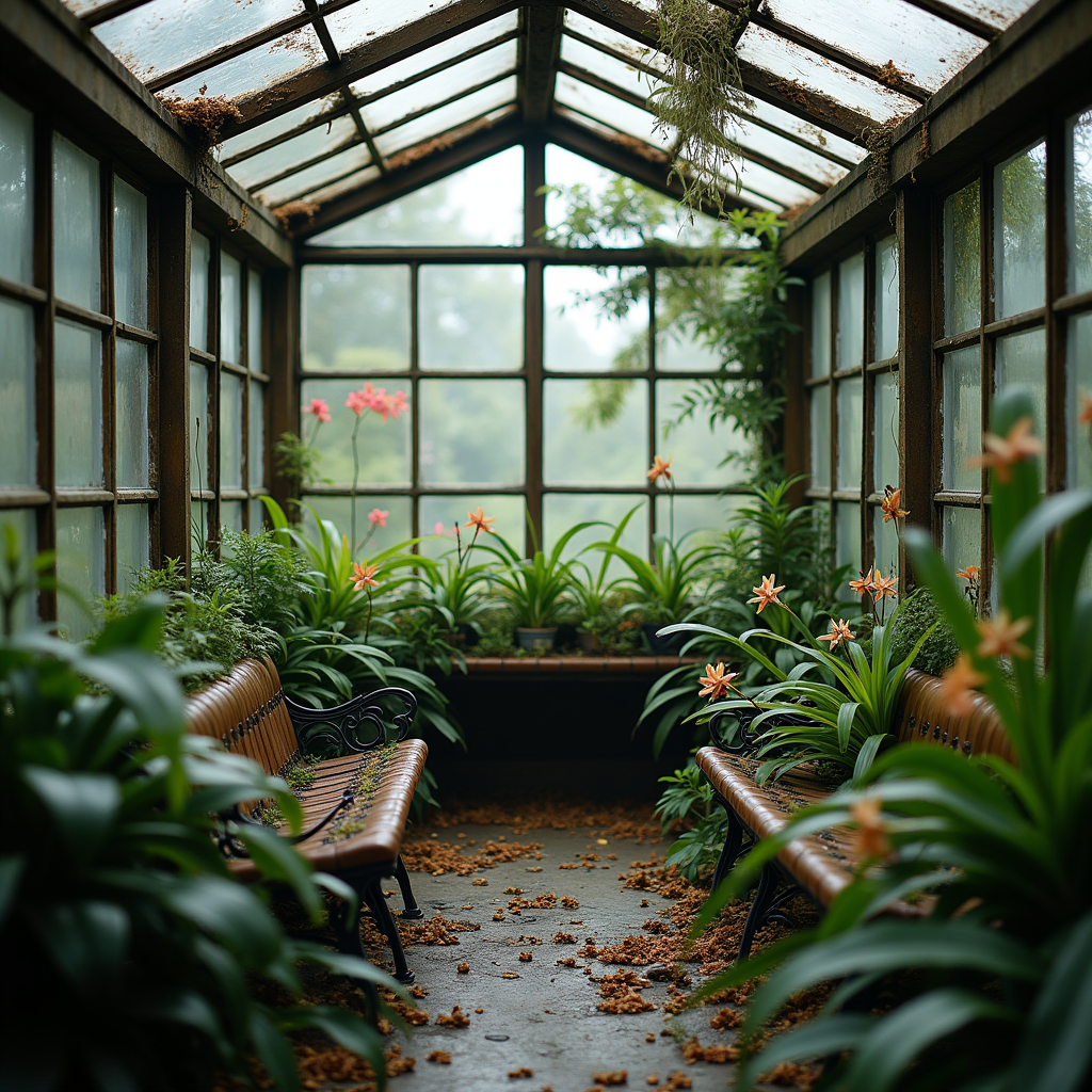 Interior of a cozy, overgrown abandoned greenhouse, wild orchids and ferns reclaiming wrought-iron benches, diffused morning light through cracked glass panels, romantic and melancholic atmosphere