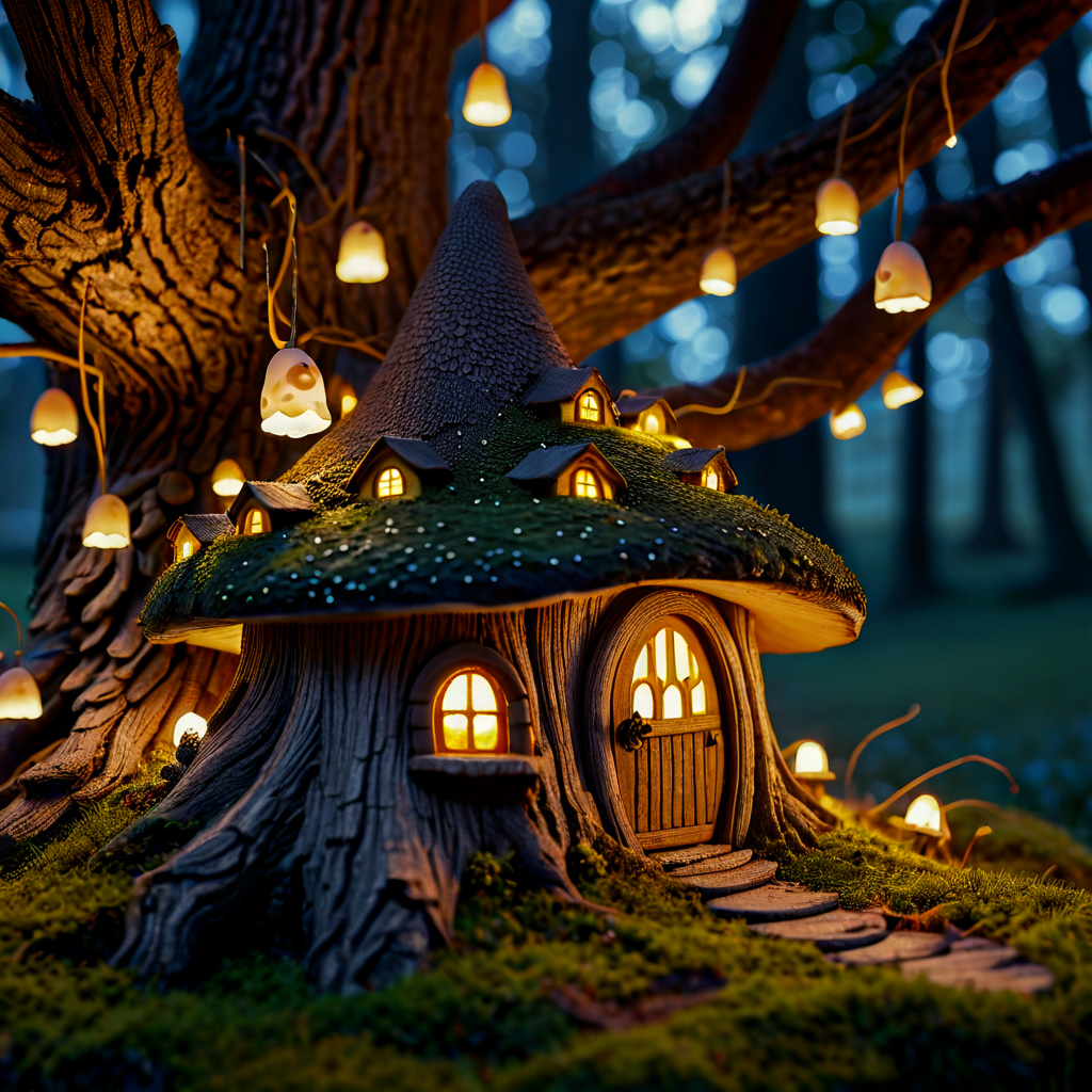 A tiny fairy village built inside the hollow of an ancient o...