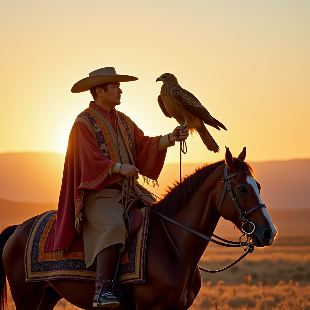 Portrait of a Mongolian eagle hunter on horseback at sunrise, traditional embroidered coat, golden eagle perched on arm, vast steppe landscape, cinematic wide shot, National Geographic style