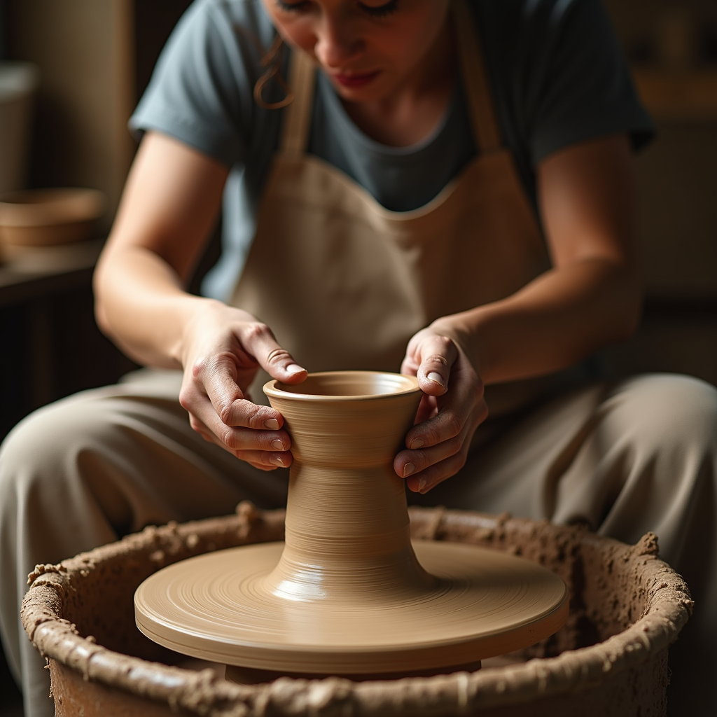 Hyperrealistic painting of hands working clay on a potter's wheel, earthy slip flying off, concentration on the craftsperson's face blurred in background, warm studio lighting
