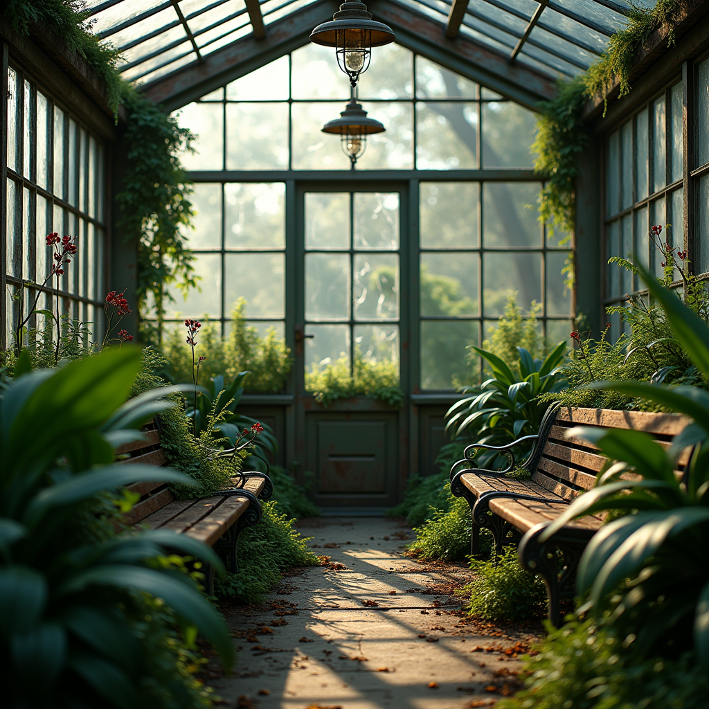 Interior of a cozy, overgrown abandoned greenhouse, wild orchids and ferns reclaiming wrought-iron benches, diffused morning light through cracked glass panels, romantic and melancholic atmosphere