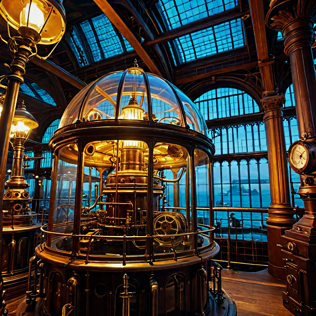 Steampunk underwater city encased in a massive glass dome, Victorian brass machinery, submarines docking at ornate iron piers, warm amber gas-lamp glow, intricate details, digital painting