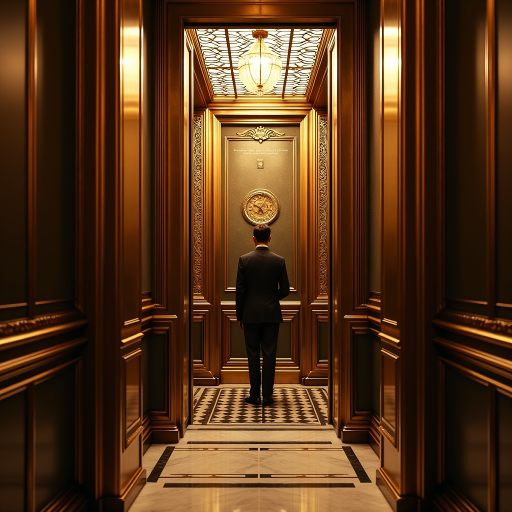 An Art Deco elevator cage in a Parisian grand hotel, ornate brass lattice, a bellhop in livery, marble floors below, warm tungsten glow, 1930s glamour, cinematic composition