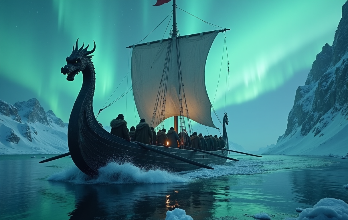An ancient Viking longship navigating through an ice fjord, aurora borealis overhead, warriors in fur cloaks at the oars, sea spray freezing on carved dragon prow, cinematic