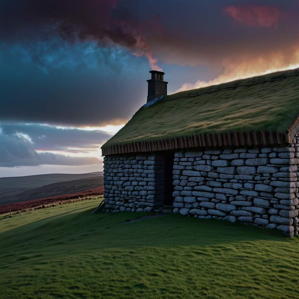a house on the moor, hevy raing day stone wall, and grass ro...