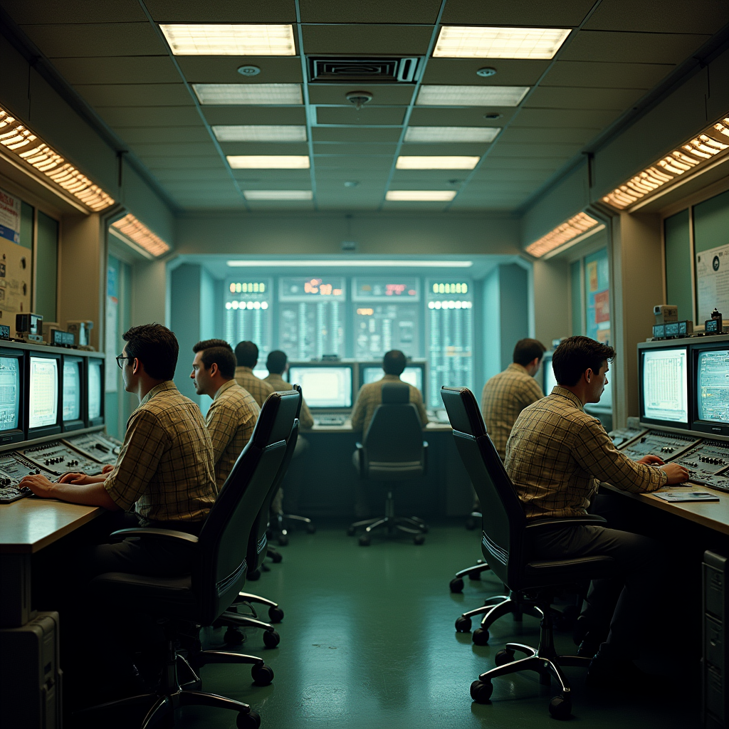 A 1970s analog control room mid-crisis, banks of flickering...