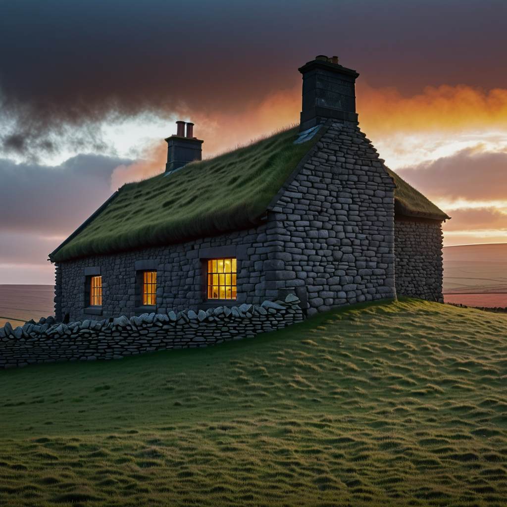 a house on the moor, raing day stone wall, and grass roof, l...
