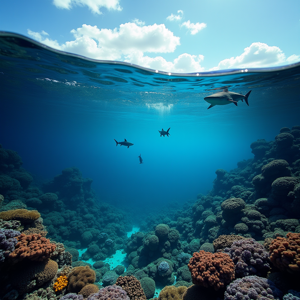 A massive coral reef system from above and below simultaneou...