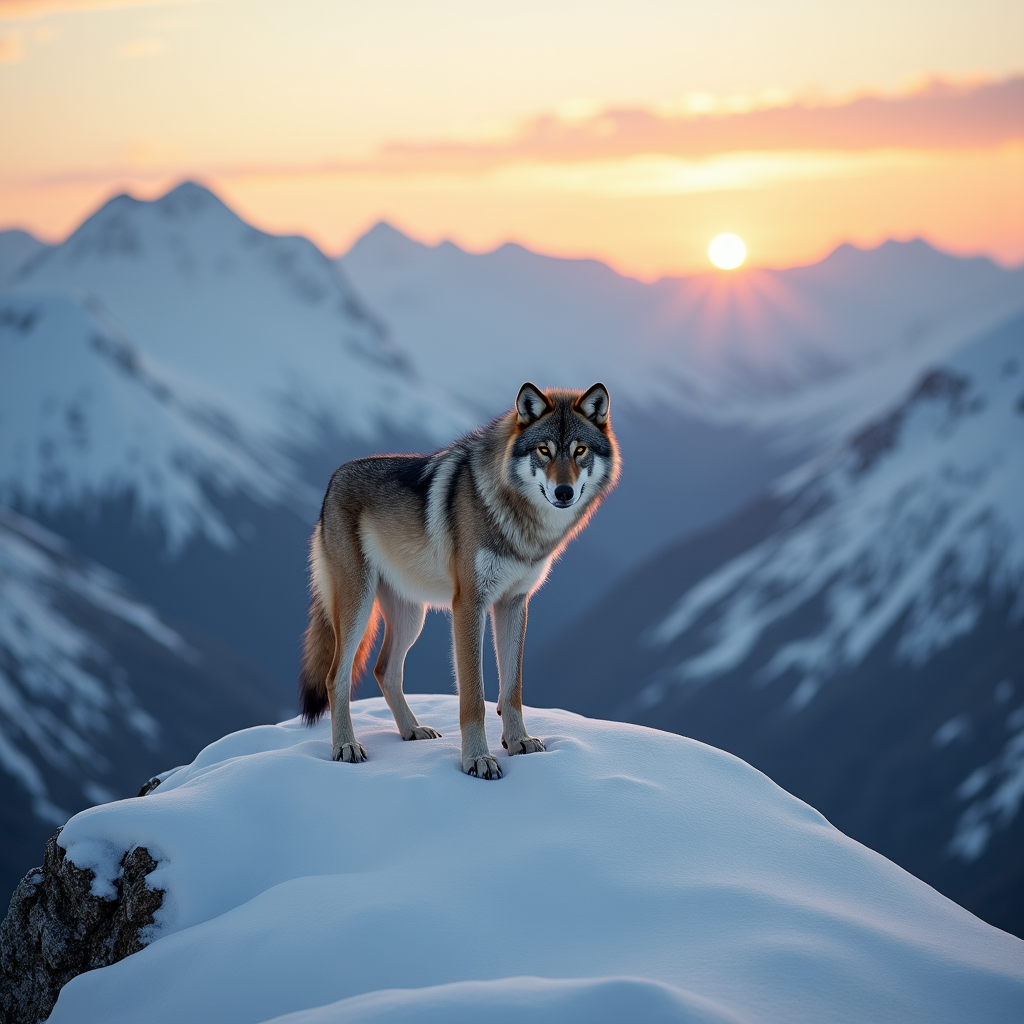 A lone wolf standing on a snow-covered mountain ridge at daw...