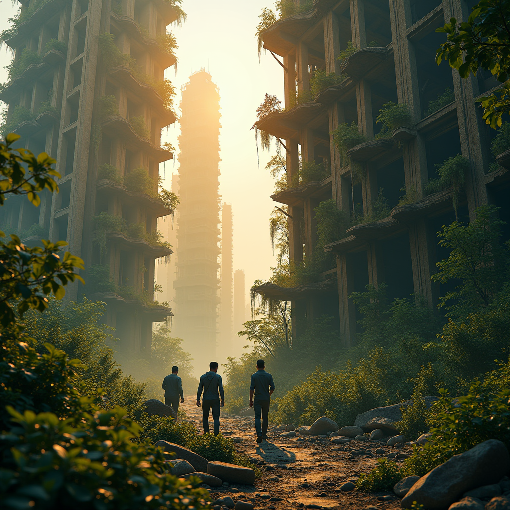 Concept art of a post-apocalyptic greenhouse city, survivors cultivating vertical gardens inside a crumbling skyscraper skeleton, hope amid ruin, warm sunrise tones