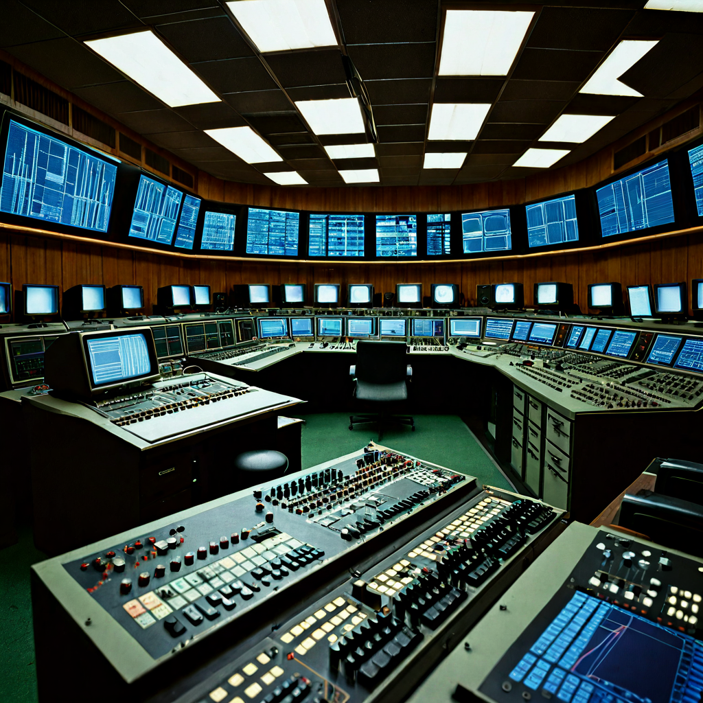 A 1970s analog control room mid-crisis, banks of flickering...