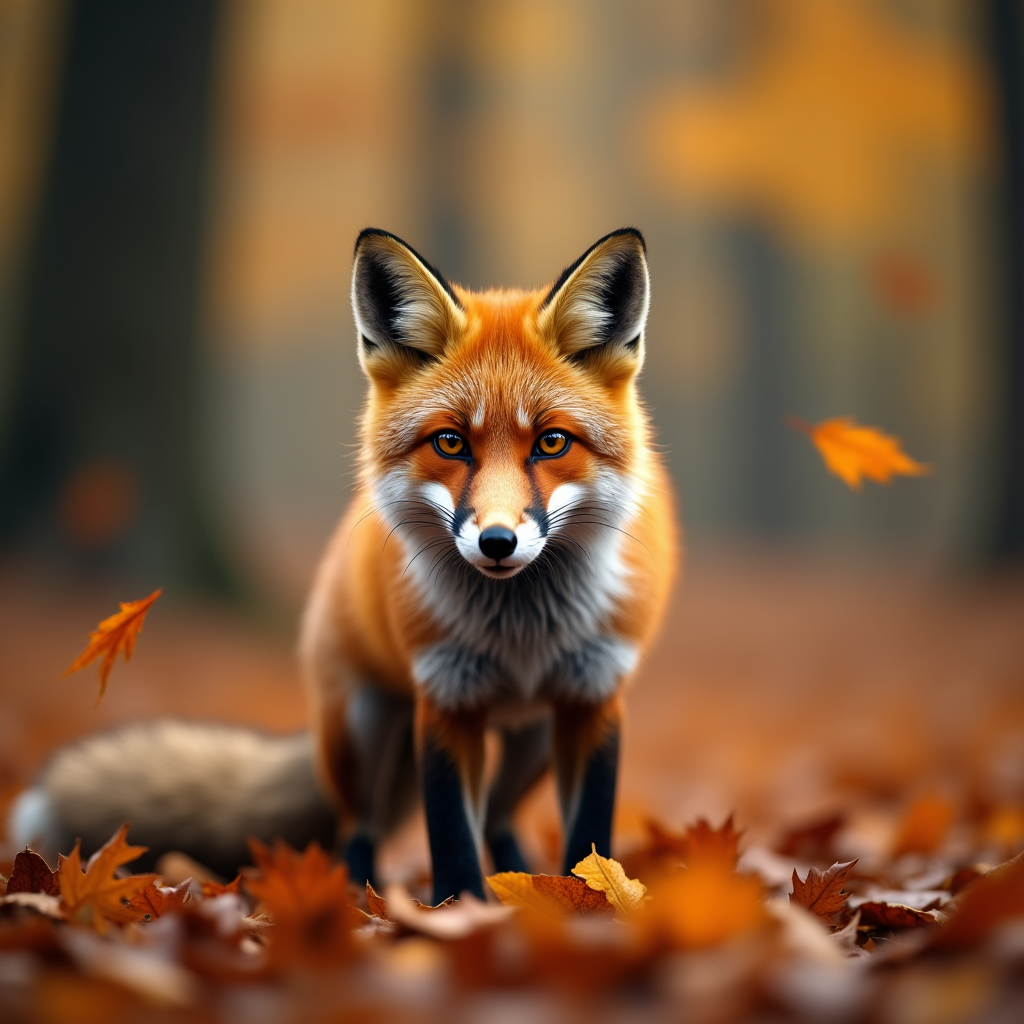 Hyperrealistic portrait of a red fox in an autumn forest, golden and russet leaves swirling around it, direct gaze into camera, shallow depth of field, studio-quality wildlife shot